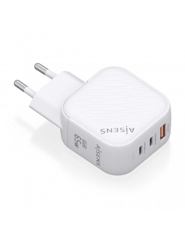 Aisens Cargador GAN 65W - 2xUSB-C PD3.0 QC4.0 - 1xUSB-A QC3.0