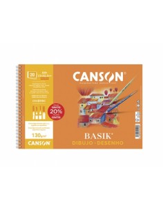 Canson Basik Bloc de Dibujo Espiral 20 Hojas A4-130g - Con Recuadro - Medidas 23x32.5cm - Color Blanco