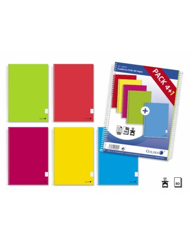 Golden Pack de 5 Cuaderno Tapa Normal Plastificada 80 Hojas - Margen Remarcado - Cuadricula 4x4