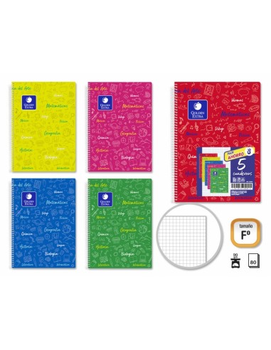 Golden Pack de 5 Cuaderno Asignatura Tapa Dura Folio 80 Hojas 90gr Cuadricula 4x4 - Resistente - Ideal para Estudiantes -