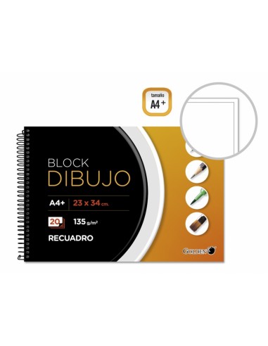 Golden Cuaderno de Dibujo A4 Plus - Papel de 135gr - 20 Hojas - Recuadro Interior Tamaño A4