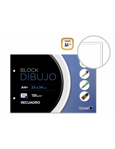 Golden Cuaderno de Dibujo A4 Plus - Papel de 135gr - 20 Hojas - Recuadro Interior A4 - Encolado con Dos Taladros