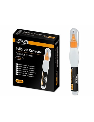Ingraf Corrector Boligrafo de 8 Mililitros - Punta Metalica Fina - Secado Rapido - Forma Ergonomica
