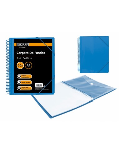 Ingraf Carpeta 30 Fundas con Sobre Portada - Polipropileno Rigido - Espiral Plastica Indeformable - Apertura 360 Grados -