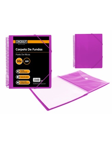 Ingraf Carpeta 30 Fundas con Sobre Portada - Polipropileno Rigido - Espiral Plastica Indeformable - Apertura 360 Grados -