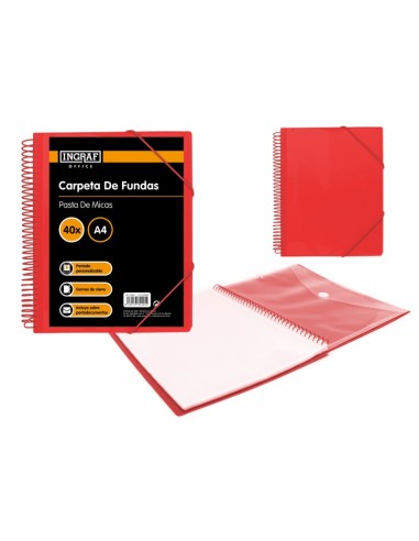 Ingraf Carpeta 40 Fundas con Sobre Portadocumentos - Polipropileno Rigido - Tamaño A4 - Espiral Plastica Indeformable -