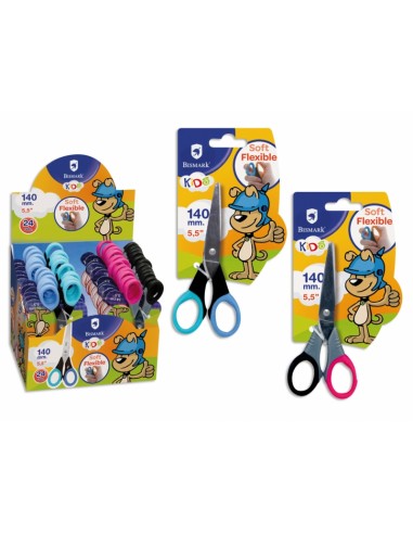 Bismark Kids Soft Flex Expositor de 24 Tijeras Escolar - Mangos Extra Flexibles - Punta Roma - Acero Inoxidable - Dos