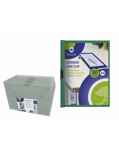 Bismark Dossier con Clip Metalico - Polipropileno Transparente - Capacidad para 30 Hojas A4 - Color Verde