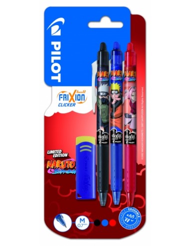 Pilot Frixion Clicker Naruto Shippuden Pack de 3 Boligrafos de Gel Retractil Borrable-Borrador - Punta de Bola 0.7mm -