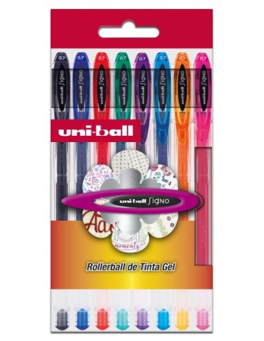 Uni-ball UM-120 Estuche de 8 Boligrafos de Tinta Gel - Punta de Bola 0.7mm - Tinta Resistente al Agua y Luz - Color Surtido