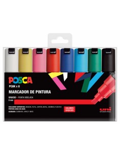 Posca PC-8K 8C Estuche de 8 Marcadores de Pintura - Punta Biselada Acrilica 8mm - Tinta Base al Agua - Resistente a la Luz -