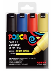 Posca PC-7M Estuche de 4 Marcadores de Pintura - Punta de Bala 4.5-5.5mm - Tinta Base al Agua - Resistente a la Luz - No