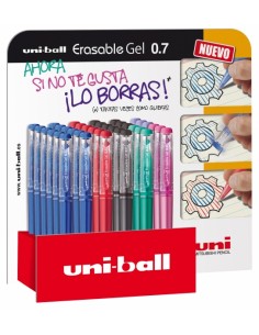 Uni-ball UF-222 3D Expositor de 36 Rollers de Gel Borrable - Punta de Bola 0.7mm - Tinta Termosensible - Doble Goma Borradora