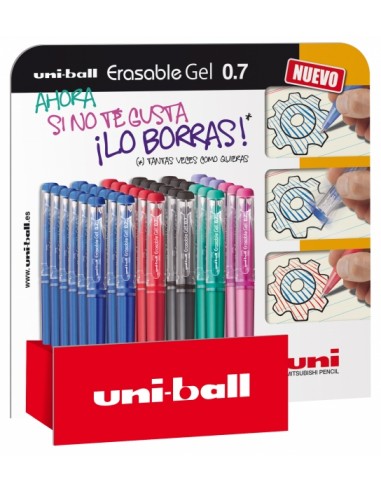 Uni-ball UF-222 3D Expositor de 36 Rollers de Gel Borrable - Punta de Bola 0.7mm - Tinta Termosensible - Doble Goma Borradora