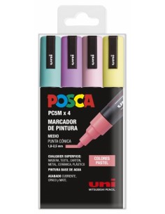 Posca PC-5M 4C Estuche de 4 Marcadores de Pintura - Punta de Bala 1.8-2.5mm - Base al Agua - No Permanente - Resistente a la