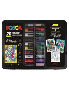 Posca Maleta Metalica con 20 Marcadores de Pintura - Surtido en Color y Trazo - Punta de Poliester - Tinta Pigmentada Base