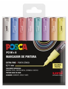 Posca PC1M 8C Estuche de 8 Marcadores de Pintura - Punta Conica 0.7mm - Tinta Base al Agua - No Permanente - Resistente a la