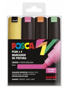 Posca PC-8K Estuche de 4 Marcadores de Pintura - Punta Biselada Acrilica 8mm - Tinta Base al Agua - Resistente a la Luz -