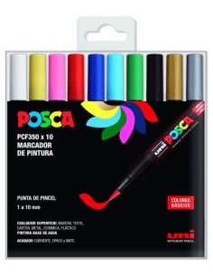 Posca PCF-350 10C Estuche de 10 Marcadores de Pintura Base al Agua - Punta Acrilica Estilo Pincel - No Permanente -
