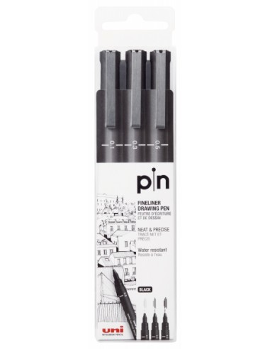 Uni-ball PIN-200(S) Pack de 3 Rotuladores Calibrados - Punta Poliacetal - Tinta Pigmentada Resistente al Agua y Luz - Ideal