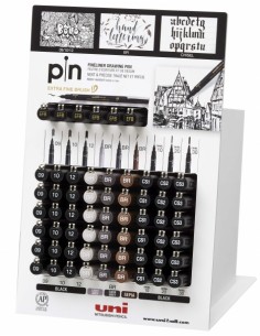 Uni-ball PIN-200(S) Expositor de 60 Rotuladores Calibrados - Punta Poliacetal - Tinta Pigmentada Resistente al Agua y Luz -