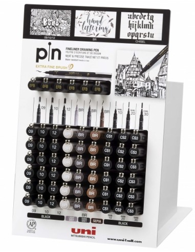 Uni-ball PIN-200(S) Expositor de 60 Rotuladores Calibrados - Punta Poliacetal - Tinta Pigmentada Resistente al Agua y Luz -