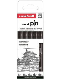Uni-ball PIN Caja de 5 Rotuladores Calibrados Clasico - Punta Poliacetal - Tinta Pigmentada Resistente al Agua y Luz - Color