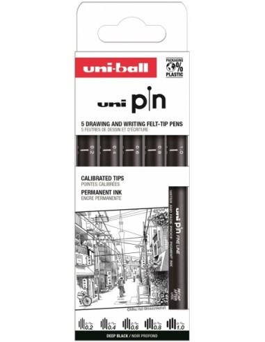Uni-ball PIN Caja de 5 de Rotuladores Calibrados Clasico II - Punta Poliacetal - Tinta Pigmentada Resistente al Agua y Luz -