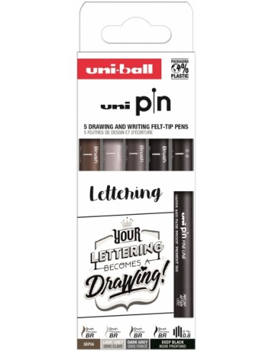 Uni-ball PIN Pack de 5 Rotuladores Calibrados Lettering - Punta Poliacetal - Tinta Pigmentada Resistente al Agua y Luz -