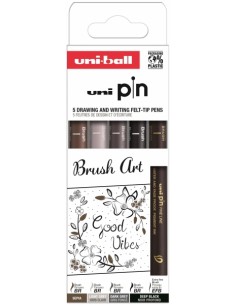 Uni-ball PIN Pack de 5 Rotuladores Calibrados Brush Art - Punta Poliacetal - Tinta Pigmentada Resistente al Agua y a la Luz -