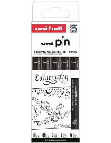 Uni-ball PIN Pack de 5 Rotuladores Calibrados - Tinta Pigmentada Resistente al Agua y Luz - Ideal para Dibujo Profesional y