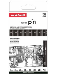 Uni-ball PIN Caja de 8 Rotuladores Calibrados Clasico II - Punta Poliacetal - Tinta Pigmentada Resistente al Agua y Luz -
