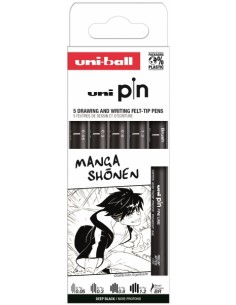 Uni-ball PIN Pack de 5 Rotuladores Calibrados - Punta Poliacetal - Tinta Pigmentada Resistente al Agua y Luz - Color Negro