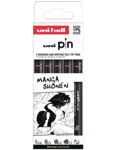Uni-ball PIN Pack de 5 Rotuladores Calibrados - Punta Poliacetal - Tinta Pigmentada Resistente al Agua y Luz - Color Negro