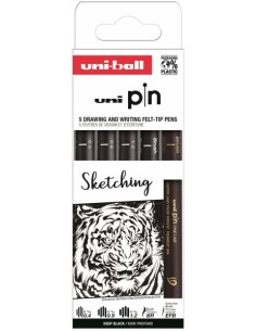 Uni-ball Pin Sketching Pack de 5 Rotuladores Calibrados - Punta Poliacetal - Tinta Pigmentada Resistente al Agua y Luz -