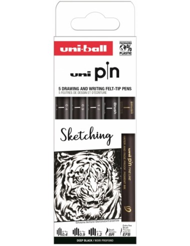 Uni-ball Pin Sketching Pack de 5 Rotuladores Calibrados - Punta Poliacetal - Tinta Pigmentada Resistente al Agua y Luz -