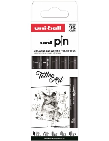 Uni-ball PIN Pack de 5 Rotuladores Calibrados - Punta Poliacetal - Tinta Pigmentada Resistente al Agua y Luz - Color Negro