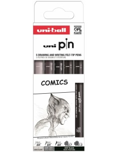 Uni-ball PIN Pack de 5 Rotuladores Calibrados Comics - Punta Poliacetal - Tinta Pigmentada Resistente al Agua y Luz - Color