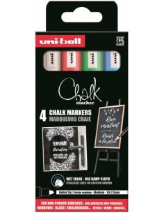 Uni-ball PWE-5M Pack de 4 Marcadores de Tiza Liquida - Punta Conica 1.8-2.5mm - Borrado en Humedo - Resistente a la Lluvia -