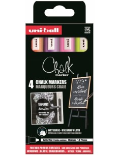 Uni-ball PWE-5M Pack de 4 Marcadores de Tiza Liquida - Punta Conica 1.8-2.5mm - Borrado en Humedo - Resistente a la Lluvia -