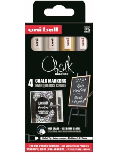 Uni-ball PWE-5M Pack de 4 Marcadores de Tiza Liquida - Punta Conica 1.8-2.5mm - Borrado en Humedo - Resistente a la Lluvia y