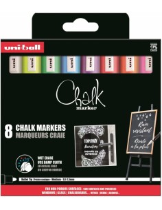 Uni-ball PWE-5M Pack de 8 Marcadores de Tiza Liquida - Punta Conica 1.8-2.5mm - Borrado en Humedo - Resistente a la Lluvia -