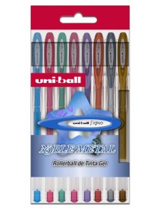 Uni-ball UM-120 NM Signo Noble Metal Estuche de 8 Rollers de Tinta Gel - Punta de Bola 0.8mm - Tinta Resistente al Agua y Luz