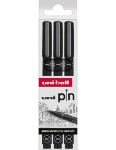 Uni-ball PIN 02 04 08 Pack de 3 Rotuladores Calibrados - Punta Poliacetal - Tinta Pigmentada Resistente al Agua y Luz - Color