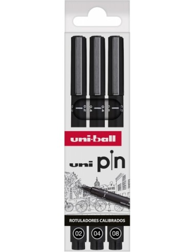 Uni-ball PIN 02 04 08 Pack de 3 Rotuladores Calibrados - Punta Poliacetal - Tinta Pigmentada Resistente al Agua y Luz - Color