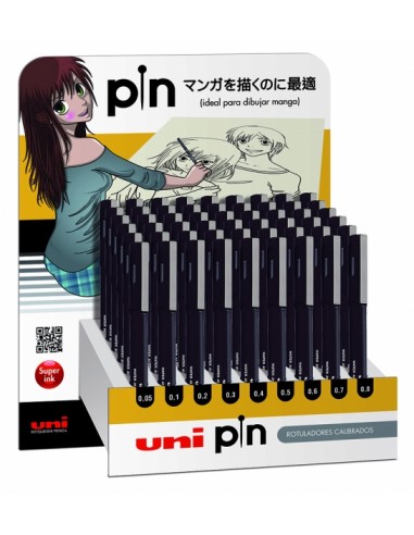 Uni-ball PIN Expositor de 54 Rotuladores Calibrados - Punta Poliacetal - Tinta Pigmentada Resistente al Agua y Luz - Color