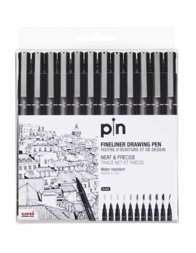 Uni-ball PIN-200(S) Pack de 12 Rotuladores Calibrados - Punta Poliacetal - Tinta Pigmentada Resistente al Agua y Luz - Color