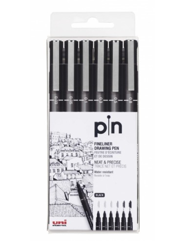 Uni-ball PIN-200(S) Pack de 6 Rotuladores Calibrados - Punta Poliacetal - Tinta Pigmentada Resistente al Agua y Luz - Ideal