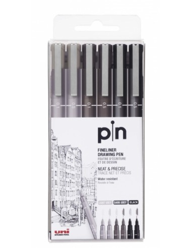 Uni-ball PIN-200(S) Pack de 6 Rotuladores Calibrados - Punta Poliacetal - Tinta Pigmentada Resistente al Agua y Luz - Ideal