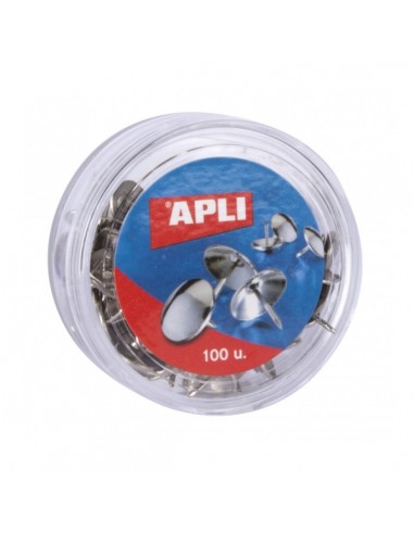 Apli Caja de 100 Chinchetas Niqueladas Ø 10mm - Cabeza Redondeada - Puntas Afiladas - Ideal para Corcho-Paredes-Tapicerias